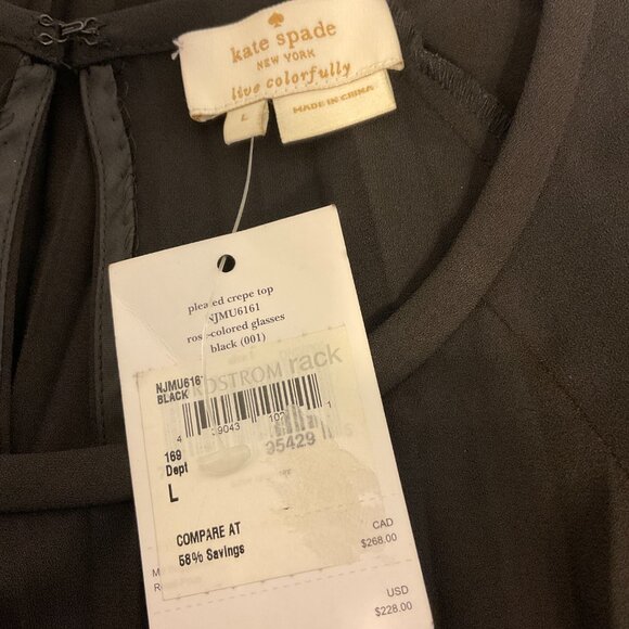 Kate Spade Pleated Crepe Top L Rose-Colored Glasses Black Short Sleeve New NWT - Picture 10 of 10